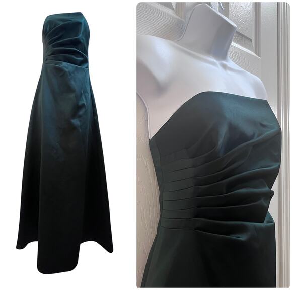 ABS Allen Schwartz Emerald Green Satin Ruching Strapless Dress Size 2 Wedding - Picture 1 of 14